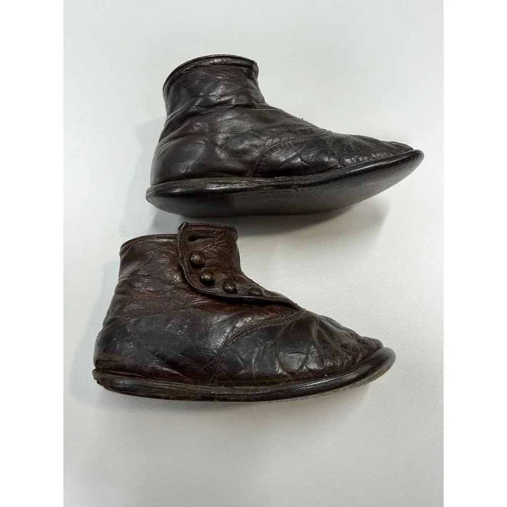 Antique Victorian Kids Leather Button Boots Dark Brown 19th Century Collectible